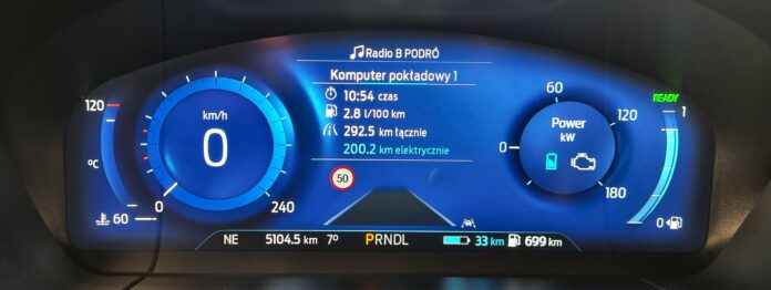 PHEV w oznaczeniu modelu Ford Kuga 4 główny wyświetlacz forda kuga w kolorze niebieskim