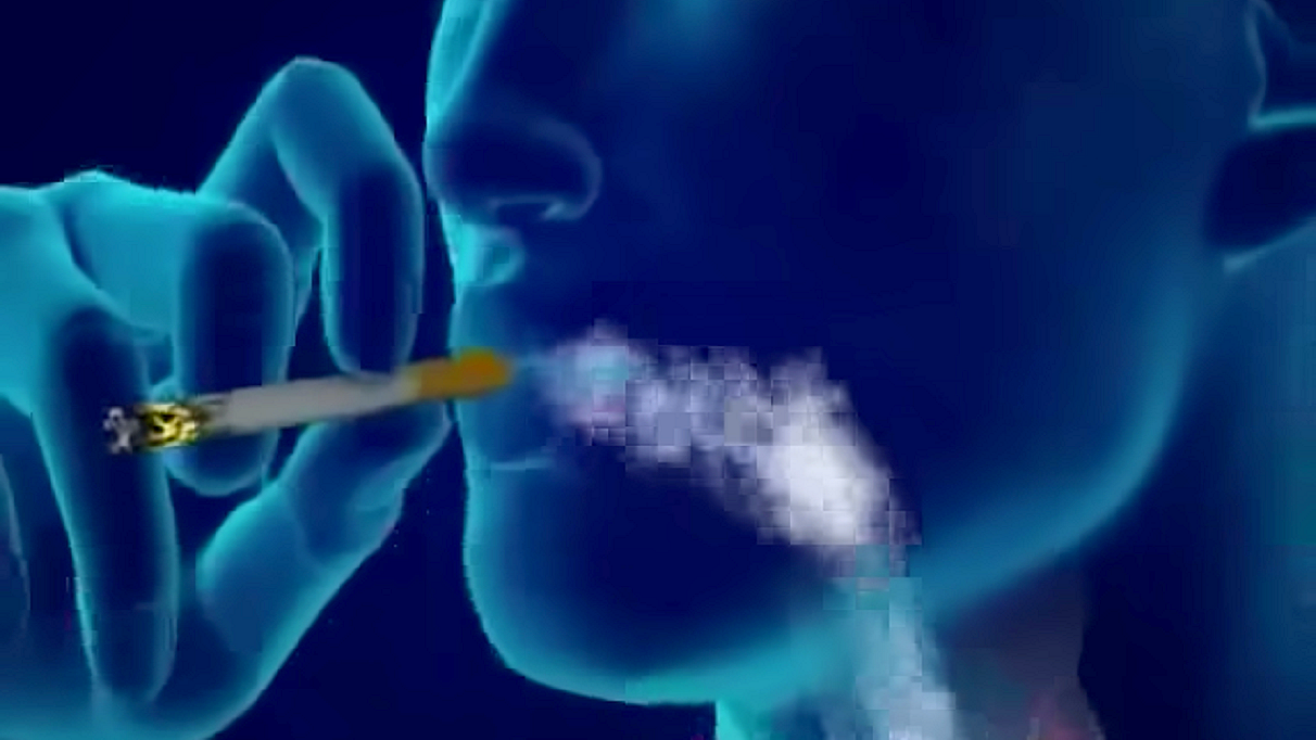 Wylew czy udar. grafika komputerowa pokazuje półprzezroczystego człowieka zaciągającego się papierosem. Widać dym wciągany do płuc.