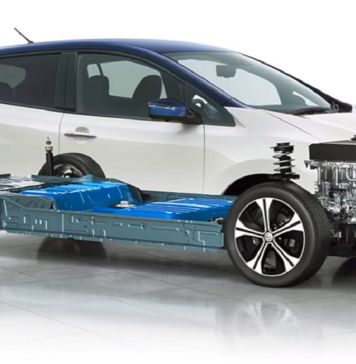 Bateria litowo-jonowe - na ilustracji widać przekrój białego Nissana Leaf z uwidocznioną w podłodze, baterią trakcyjną.