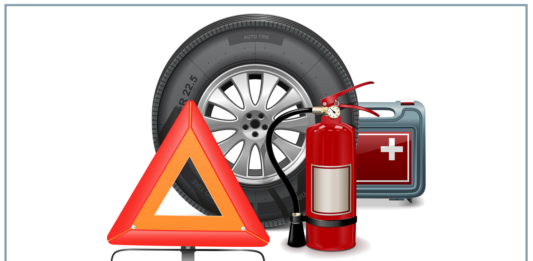Obowiązkowe wyposażenie auta - na białym tle stoi koło zapasowe, obok niego apteczka. Z przodu obok rozłożonego, pomarańczowego trójkąta ostrzegawczego stoi czerwona gaśnica.