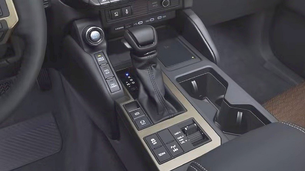 Nowa Toyota Land Cruiser 250 - widok na lewarek zmiany biegów, przy nim liczne przyciski związane z przyłączaniem napędu na obie osie.