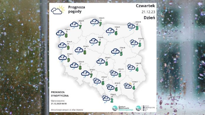Pogoda w Czwartek 21 grudnia 2023 - biała mapka pogodowa Polski na tle zachlapanej szyby, na niej trochę śniegu i deszczu