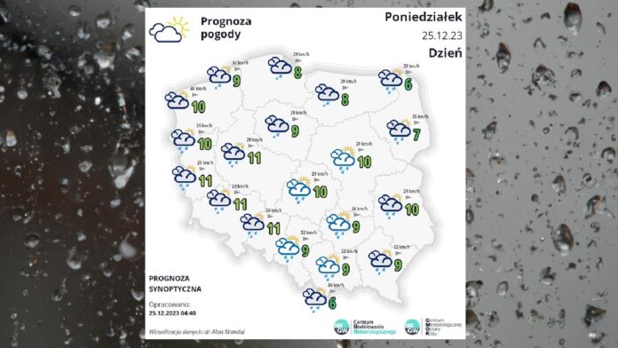 Pogoda w Poniedziałek 25 grudnia - biała mapka pogodowa Polski na tle szyby pokrytej kroplami deszczu.