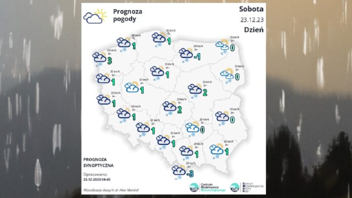 Pogoda w Sobotę 23 grudnia - biała mapka meteorologiczna Polski, a za nią ponury widok z okna podczas opadów.