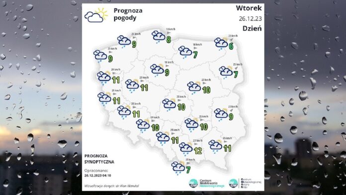 Pogoda we Wtorek 26 grudnia - biała mapka pogodowa Polski na tle szyby mokrej od deszczu