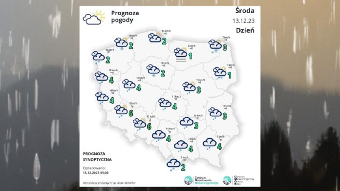 Prognoza pogody - biała mapka polski z rozkładem temperatur, jest umieszczona na ciemnym i ponurym tle z widocznym deszczem.