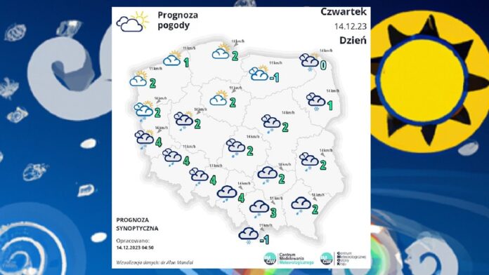 Prognoza pogody 14 grudnia 2023 - biały kontur Polski z naniesionymi symbolami pogody oraz wartościami temperatur