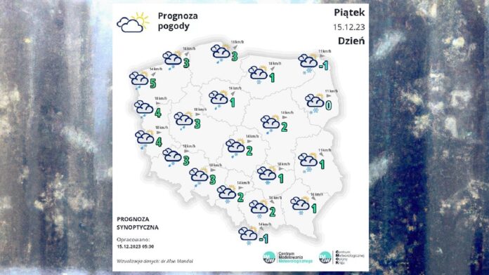 Prognoza pogody - biała mapka Polski z naniesionymi temperaturami i znaczkami pogody, umieszczona na tle okna za którym pada śnieg z deszczem