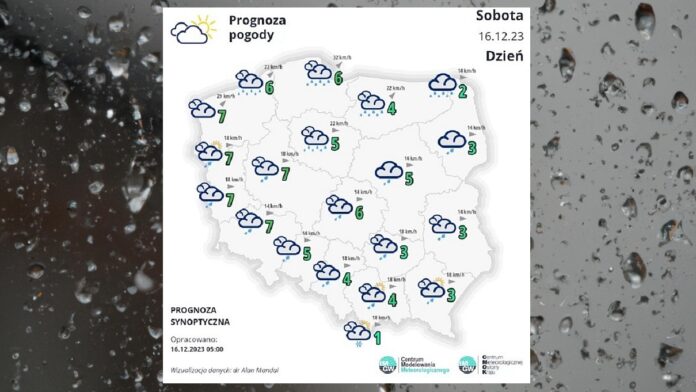 Prognoza pogody 16 grudnia 2023 - biała mapka polski z temperaturami i symbolami pogody na tle okna zachlapanego deszczem, szaro i ponuro