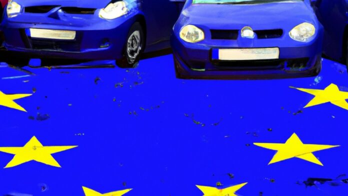 UE zdecyduje za Ciebie dwa niebieskie samochody osobowe stoją na fladze UE