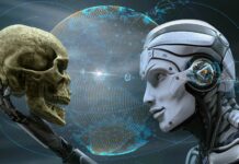 ostrzeżenie przed AI - robot z ludzką czaszką w ręce