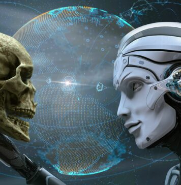 ostrzeżenie przed AI - robot z ludzką czaszką w ręce