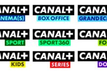 Kara dla Canal+, na białym tle dziewięć miniatur logo operatora z nazwami kilku kanałów kids, box office, sport itp.