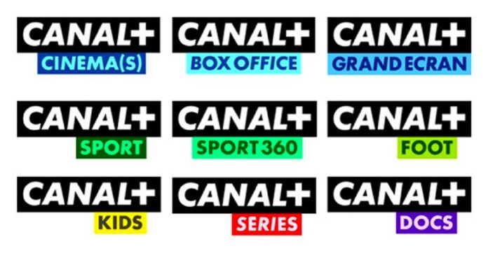 Kara dla Canal+, na białym tle dziewięć miniatur logo operatora z nazwami kilku kanałów kids, box office, sport itp.