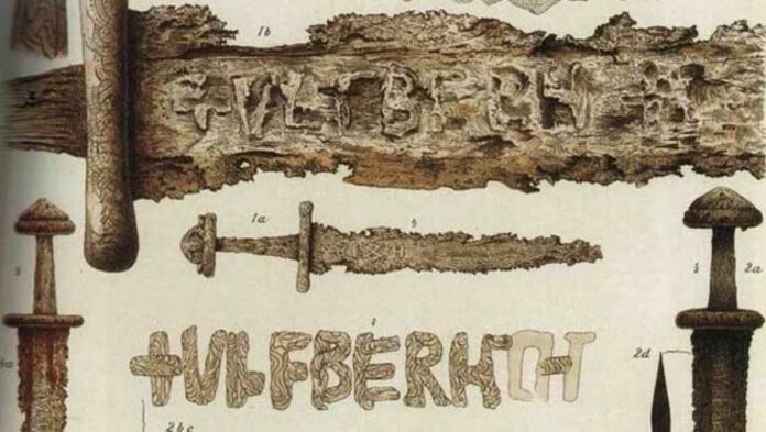 Miecz Ulfberht tajemnicza broń Vikingów Ryciny mieczy Ulfberht znalezione w Norwegii (domena publiczna)