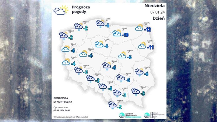 Pogoda w Niedzielę 7 stycznia - biała mapka pogodowa Polski na tle szyby okiennej pokrytej szronem