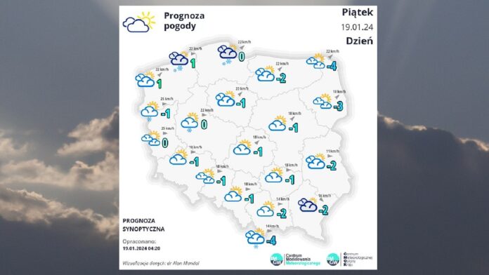 Pogoda w Piątek 19 stycznia - biała mapka pogodowa Polski na tle zachmurzonego nieba