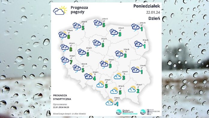 Pogoda w Poniedziałek 22 stycznia - biała mapka pogodowa Polski na tle szyby pokrytej dużymi kroplami deszczu, które działają jak mini soczewki.