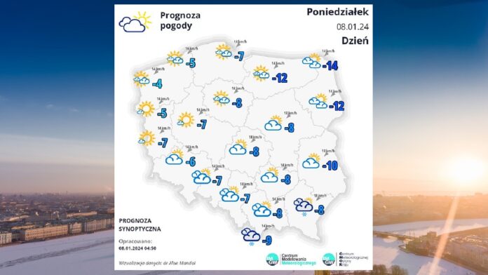 Pogoda w Poniedziałek 8 stycznia - biała mapka pogodowa Polski na tle widoku z lotu ptaka, zaśnieżona ziemia oraz bezchmurne, słoneczne, błękitne niebo.
