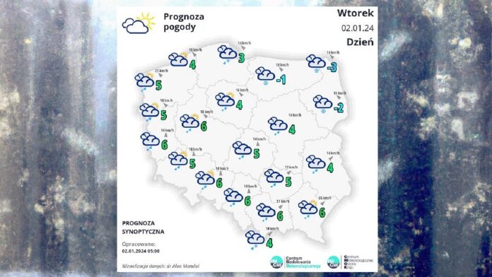 Pogoda we Wtorek 2 stycznia - biała mapka pogodowa Polski na tle szyby okiennej na której osiadają płatki śniegu