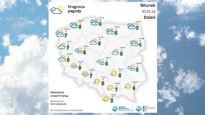 Pogoda we Wtorek 30 stycznia - biała mapka pogodowa Polski na tle błękitnego nieba z białymi obłokami.