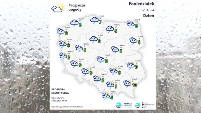 Pogoda w Poniedziałek 12 lutego - biała mapka pogodowa Polski na tle rozmytego przez deszcz widoku blokowiska.