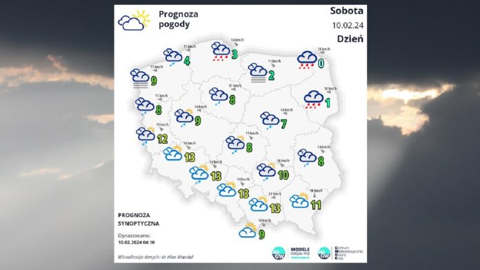 Pogoda w Sobotę 10 lutego - biała mapka pogodowa Polski na tle pochmurnego nieba, z przebijającymi się promieniami słońca.