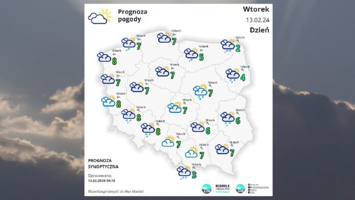 Pogoda we Wtorek 13 lutego - biała mapka pogodowa Polski na tle zachmurzonego, ale rozpogadzającego się nieba.