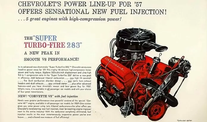 Small Block - reklama z połowy lat 50-tych XX wieku. Na żółtawym tle po prawej stronie, kolorowy rysunek czerwonego silnika z czarnymi elementami osprzętu. Po lewej opis rewolucyjnej konstrukcji.