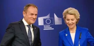 duże pieniądze z KPO, Donald Tusk z Ursulą von der Layen na tle symboli unijnych, a na dole zdjęcia "KPO Odblokowane"