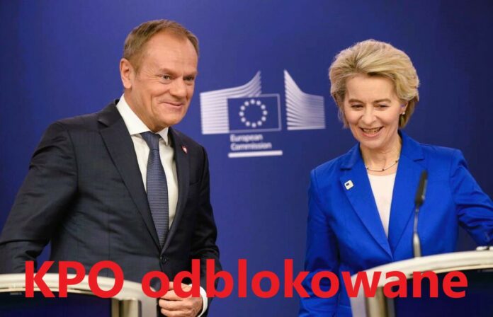 duże pieniądze z KPO, Donald Tusk z Ursulą von der Layen na tle symboli unijnych, a na dole zdjęcia 