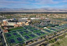 Na zdjęciu jest kompleks tenisowy Indian Wells Tennis Garden. Indian Wells Masters turniej tenisowy.