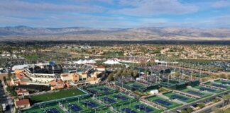 Na zdjęciu jest kompleks tenisowy Indian Wells Tennis Garden. Indian Wells Masters turniej tenisowy.