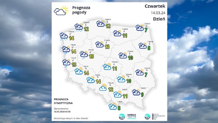 Pogoda w Czwartek 14 marca - biała mapka pogodowa Polski na tle pochmurnego, rozpogadzającego się nieba
