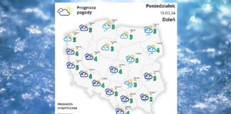 Pogoda w Poniedziałek 18 marca - biała mapka pogodowa Polski na błękitnym tle z widocznymi białymi płatkami śniegu.