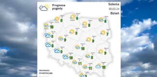 Pogoda w Sobotę 9 marca - biała mapka pogodowa Polski na tle niebieskiego nieba, stopniowo pokrywającego się chmurami.