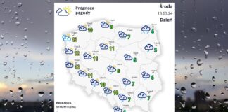 Pogoda w Środę 13 marca - biała mapka pogodowa Polski na tle deszczowego widoku za oknem.