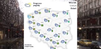 Pogoda we Wtorek 12 marca - biała mapka pogodowa Polski, na tle rozmytego przez deszcz widoku ulicy wmieście.