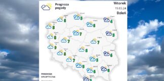 Pogoda we Wtorek 19 marca - biała mapka pogodowa Polski, na tle ciemno-niebieskiego nieba pokrytego chmurami.