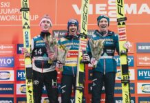 Na zdjęciu są skoczkowie na podium. Skoki narciarskie RAW AIR Oslo.