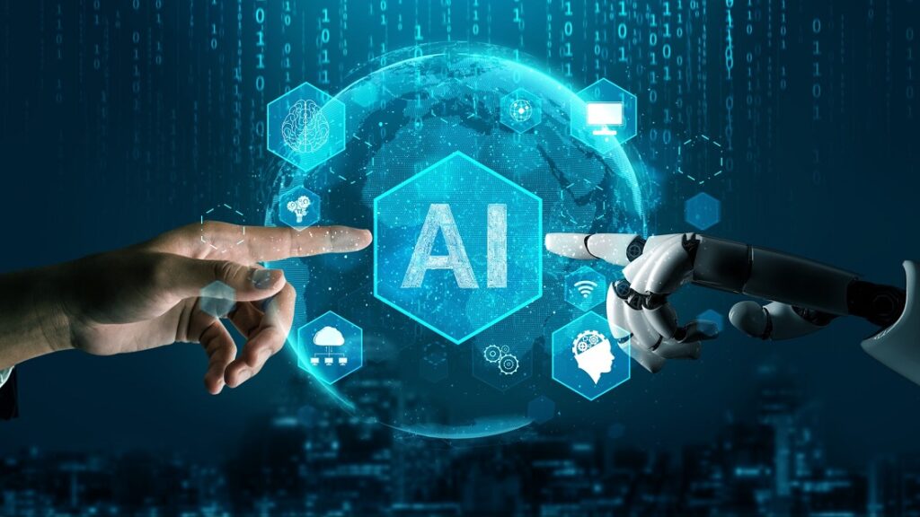 Unijny kaganiec na Sztuczną inteligencję? - dłoń ludzka oraz dłoń robota usiłują dotknąć się palcami wskazującymi. Ciemno niebieskie tło z symbolem sztucznej inteligencji AI.