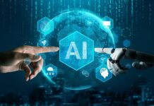 Unijny kaganiec na Sztuczną inteligencję? - dłoń ludzka oraz dłoń robota usiłują dotknąć się palcami wskazującymi. Ciemno niebieskie tło z symbolem sztucznej inteligencji AI.