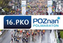 16. PKO Poznań Półmaraton - w tle zdjęcie biegnącego tłumu maratończyków. Po środku poziome logo imprezy.