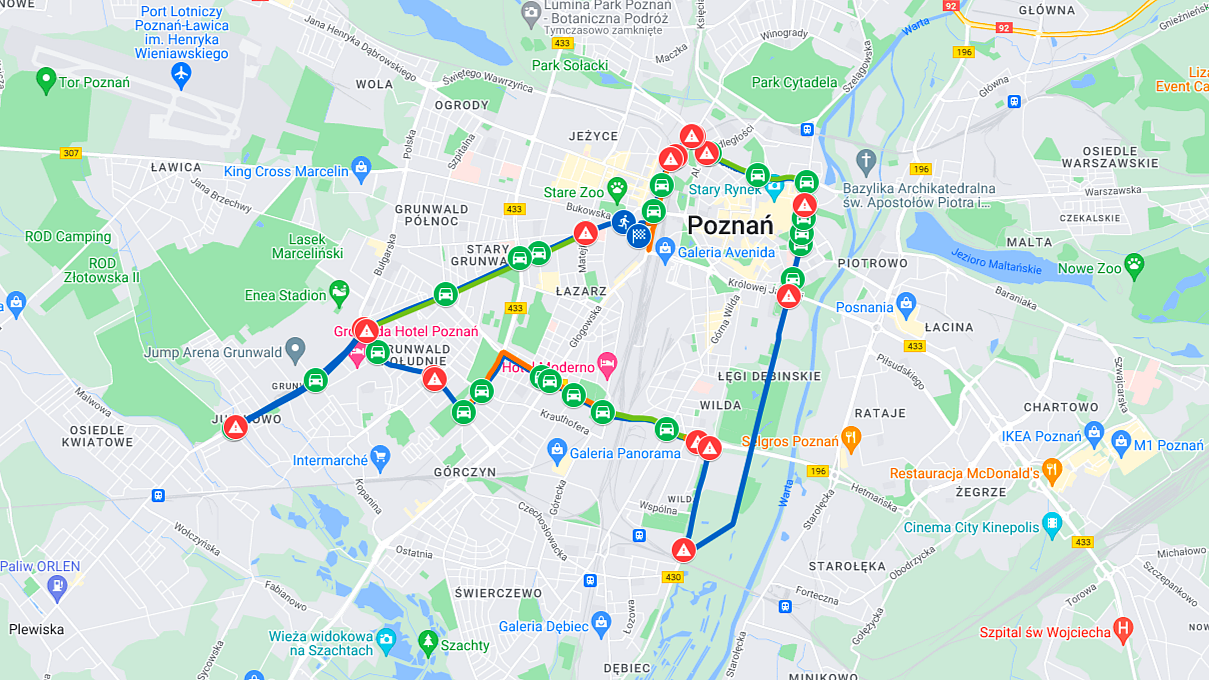 PKO Poznań Półmaraton - screen z Google Maps z naniesioną trasą biegu.