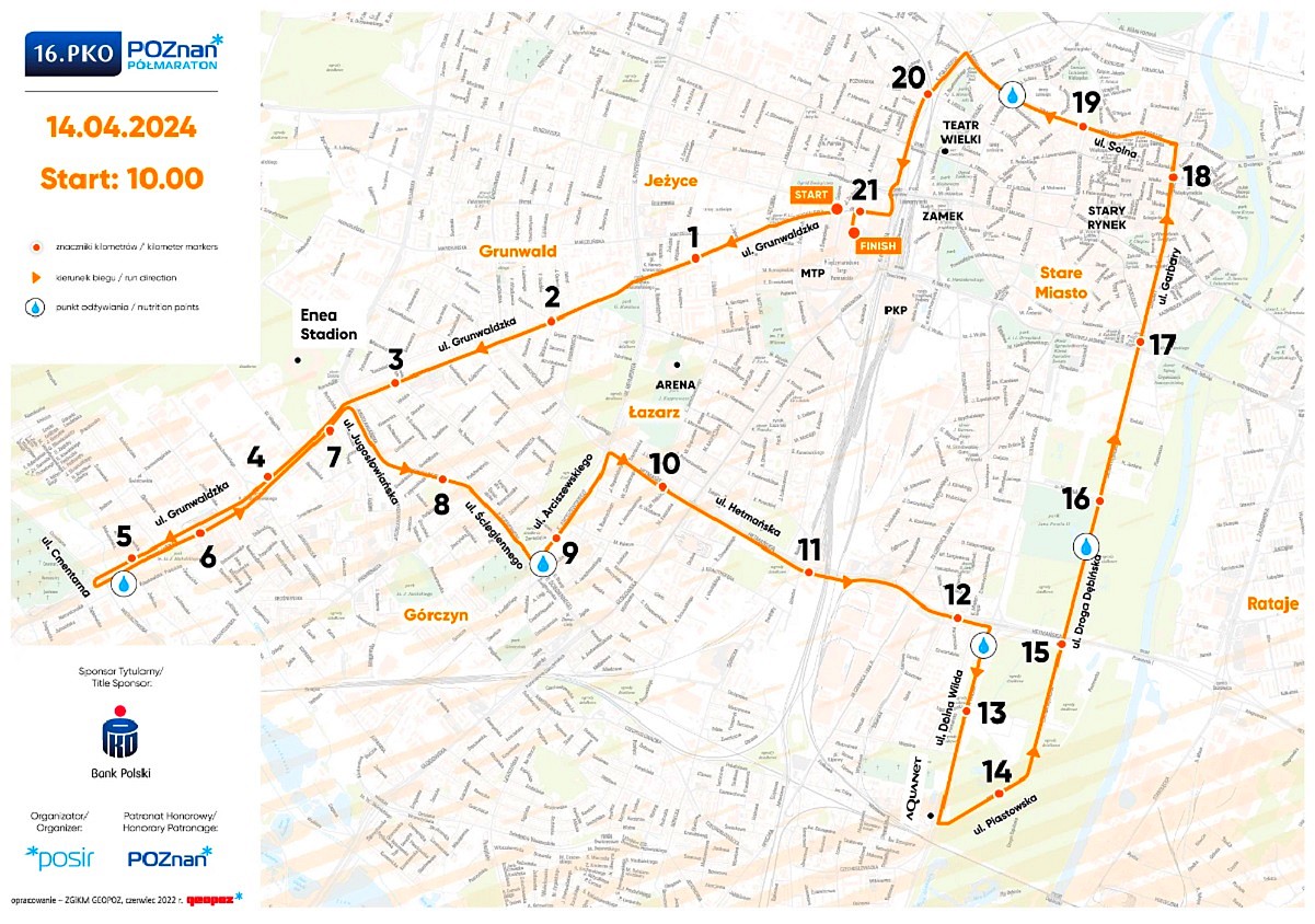PKO Poznań Półmaratonu - mapka przebiegu półmaratonu, naniesiona na plan miasta.