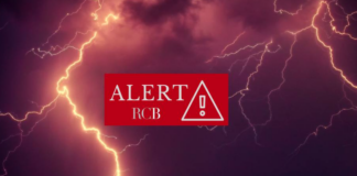 rewolucja w alercie RCB, pioruny i logo RCB na czerwonym tle