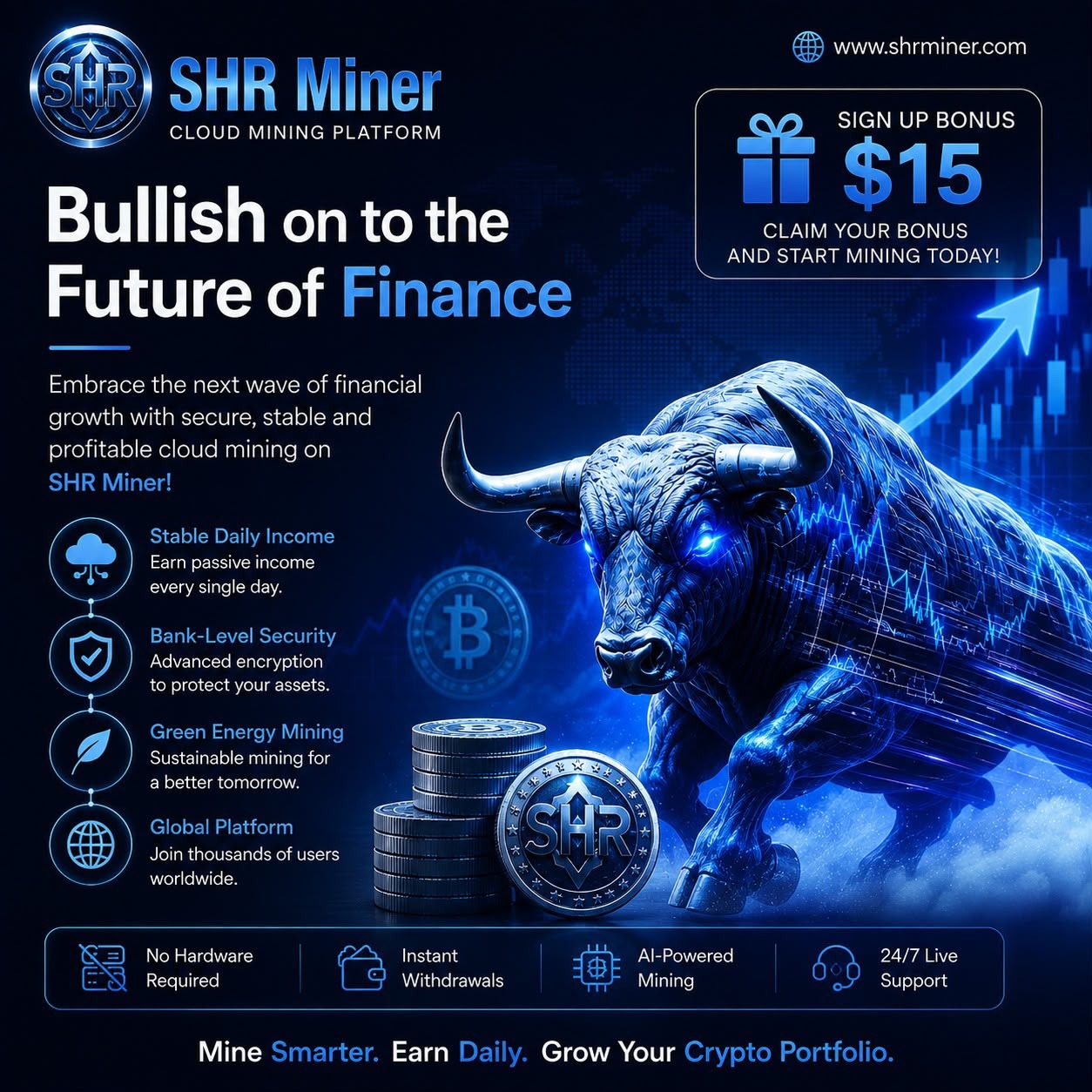 SHR Miner has launched a free cloud mining service for holders of BTC, XRP,  and ETH, offering daily earnings of $10,700 or more