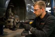 Jakie narzędzia są potrzebne do naprawy samochodu? na zdjęciu mechanik przy odkręcaniu koła - narzędzia potrzebne do naprawy samochodu
