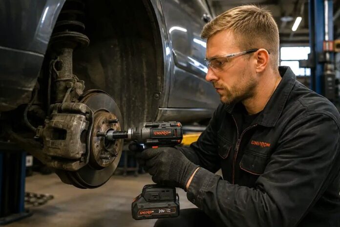 na zdjęciu mechanik przy odkręcaniu koła - narzędzia potrzebne do naprawy samochodu